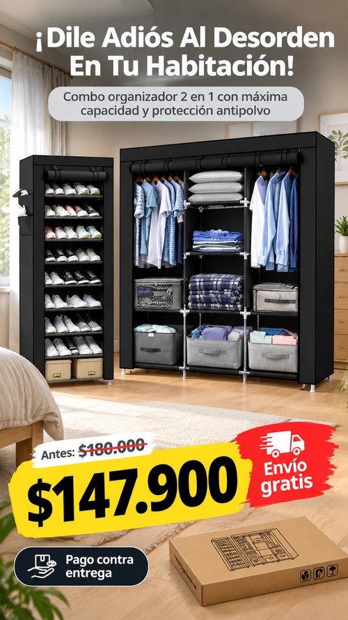 Super Combo del Mes: Armario Ropero Portátil de 3 Columnas y Zapatero de 9 Niveles con Cubierta de Tela